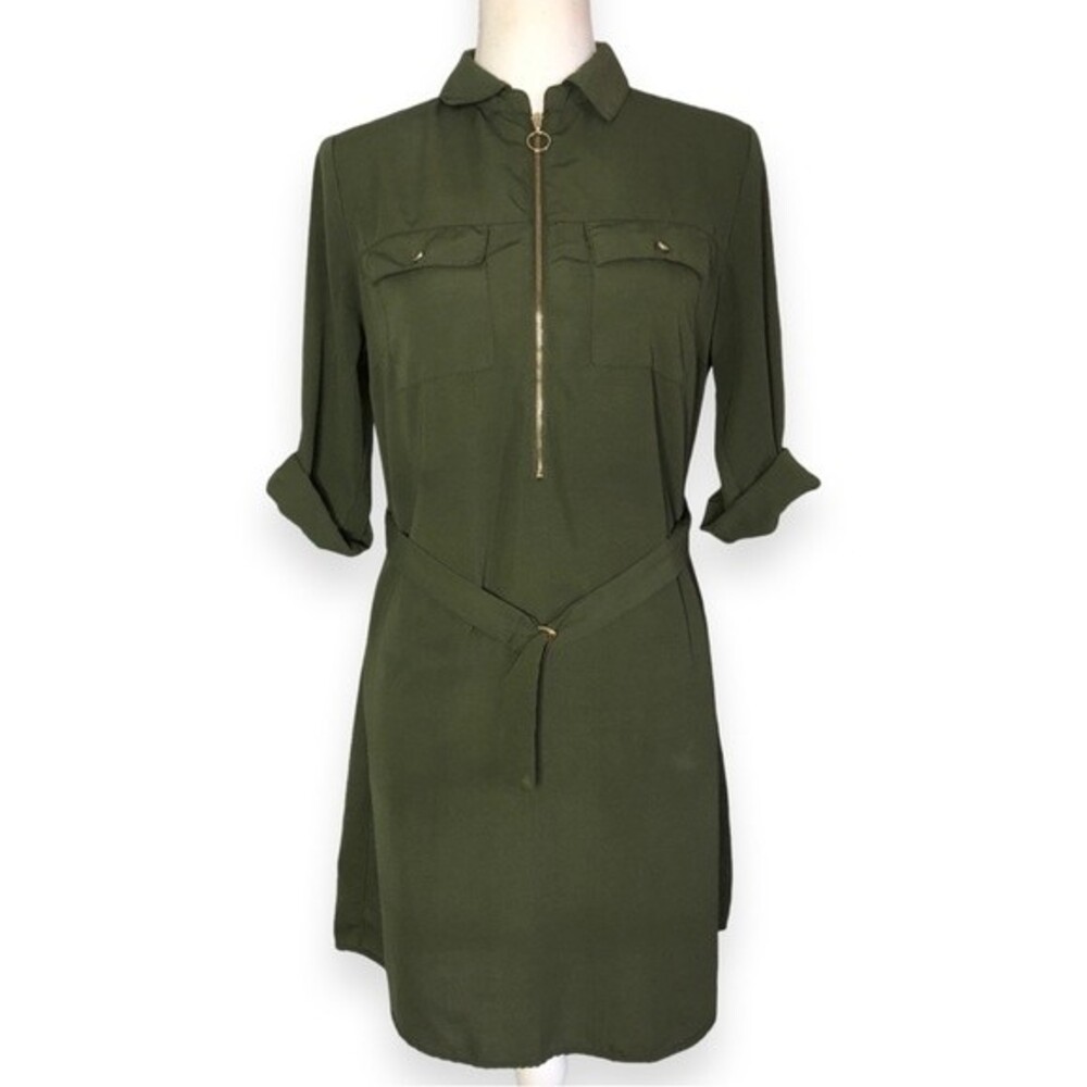 Identity Women’s Olive Green Utility Belted Mini Shirt Dress